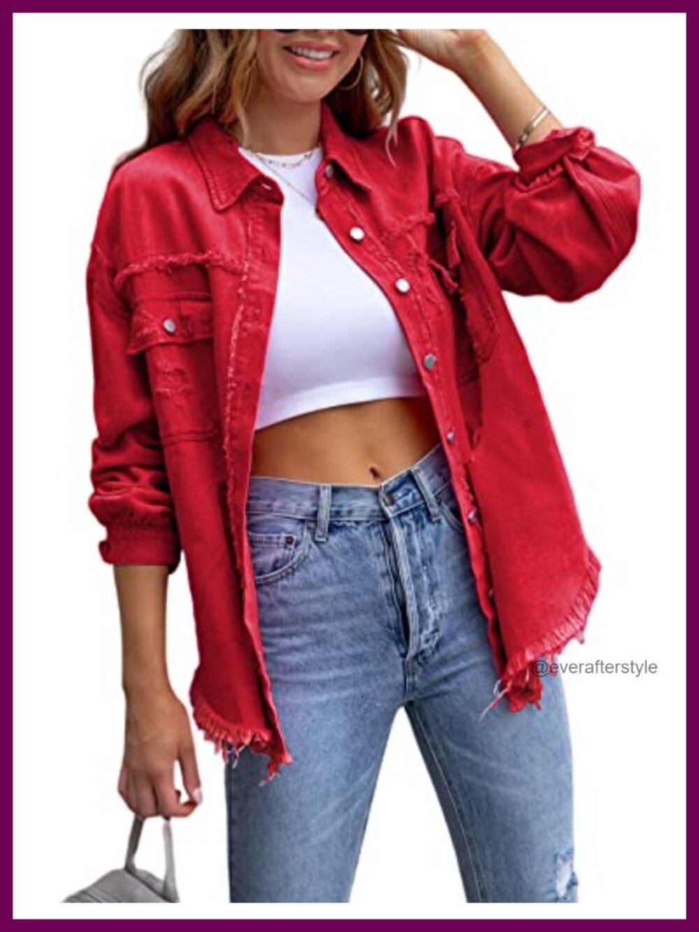 Oversized Ripped Denim Jacket Frayed Hem Button Front Boyfriend Jean Coat